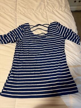 Striped Navy and White Women’s Scoop Neck Top with Back Strap Detail